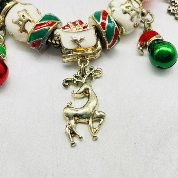 Christmas Charm Bracelet Reindeer Snowflakes Jingle Bells Red Green Enamel Beads - Picture 4 of 9